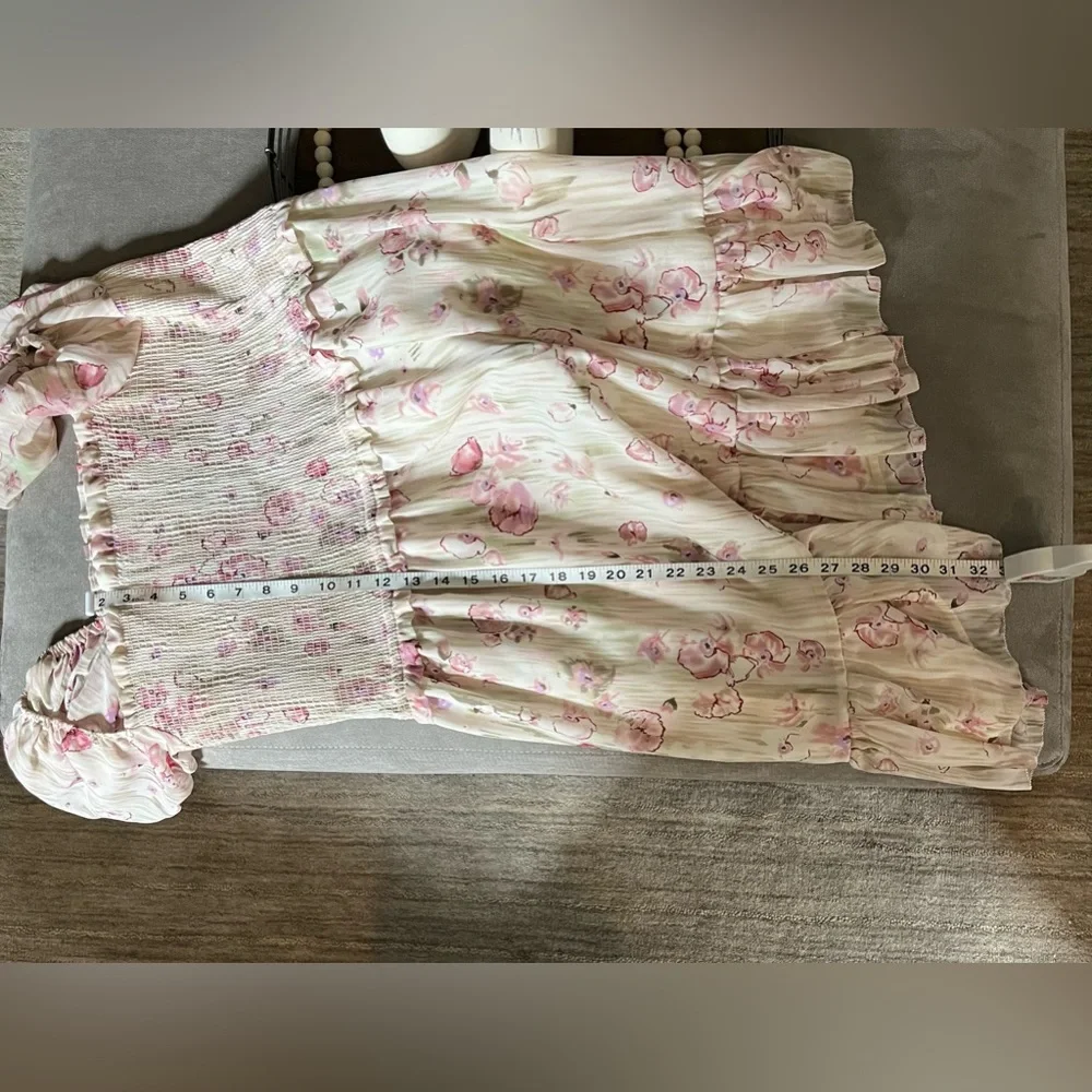 Never Worn! Black Tape Floral Mini Dress! Size:XL Color:Pink/Green on Taupe. - Picture 7 of 7